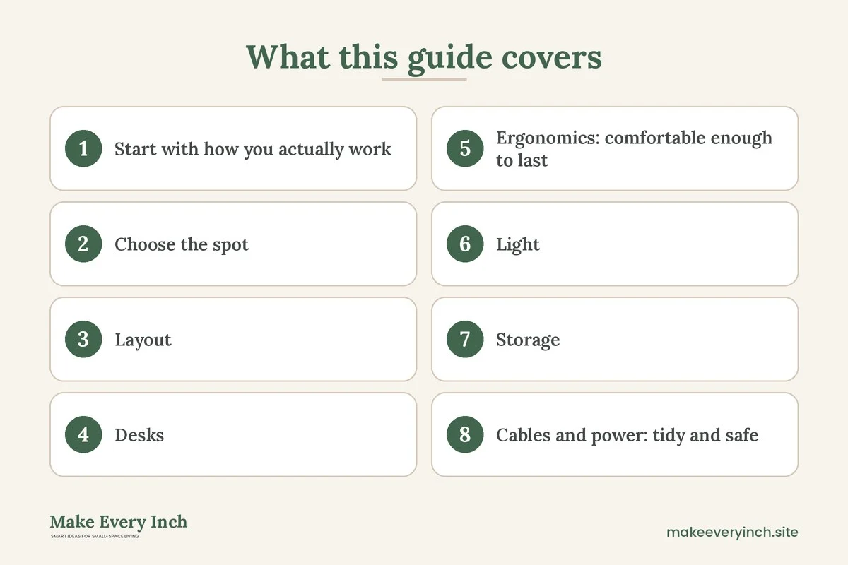 Graphic listing 8 topics covered in the small home office ideas guide
