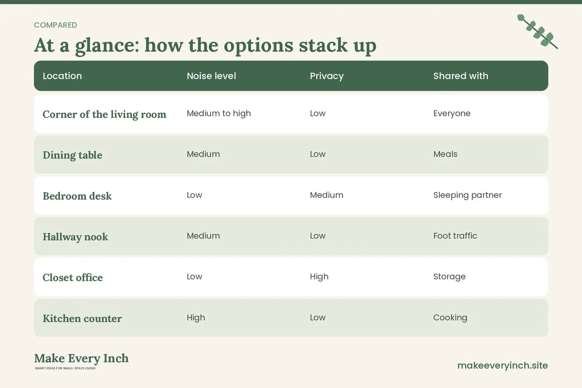 Comparison table of options for: Small Home Office Ideas for Shared Spaces (Location, Noise level, Privacy, Shared with)