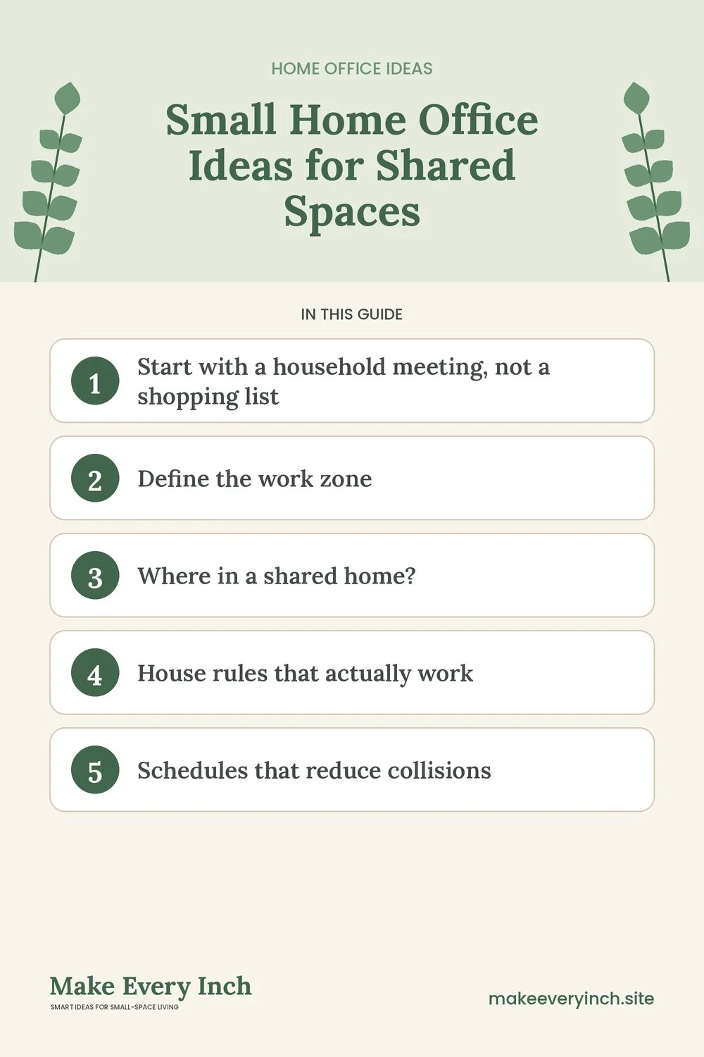 Pinterest pin listing the main topics in: Small Home Office Ideas for Shared Spaces
