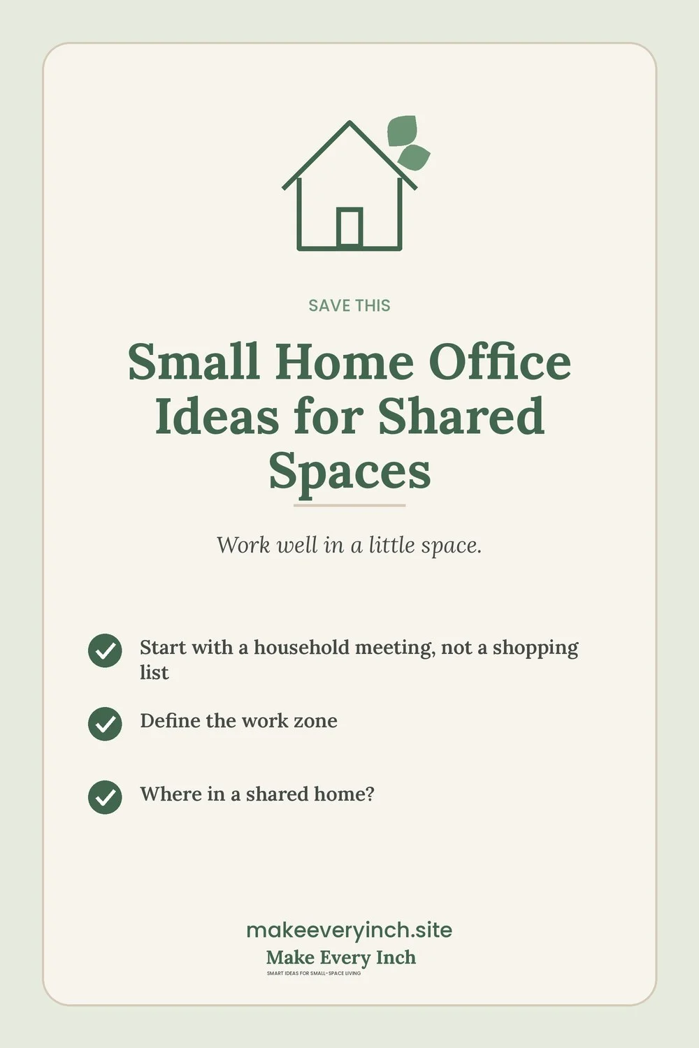 Save-this Pinterest pin with a short checklist for: Small Home Office Ideas for Shared Spaces
