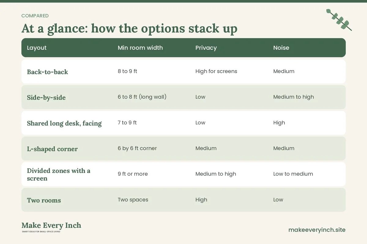 Comparison table of options for: Small Home Office Ideas for Two People (Layout, Min room width, Privacy, Noise)