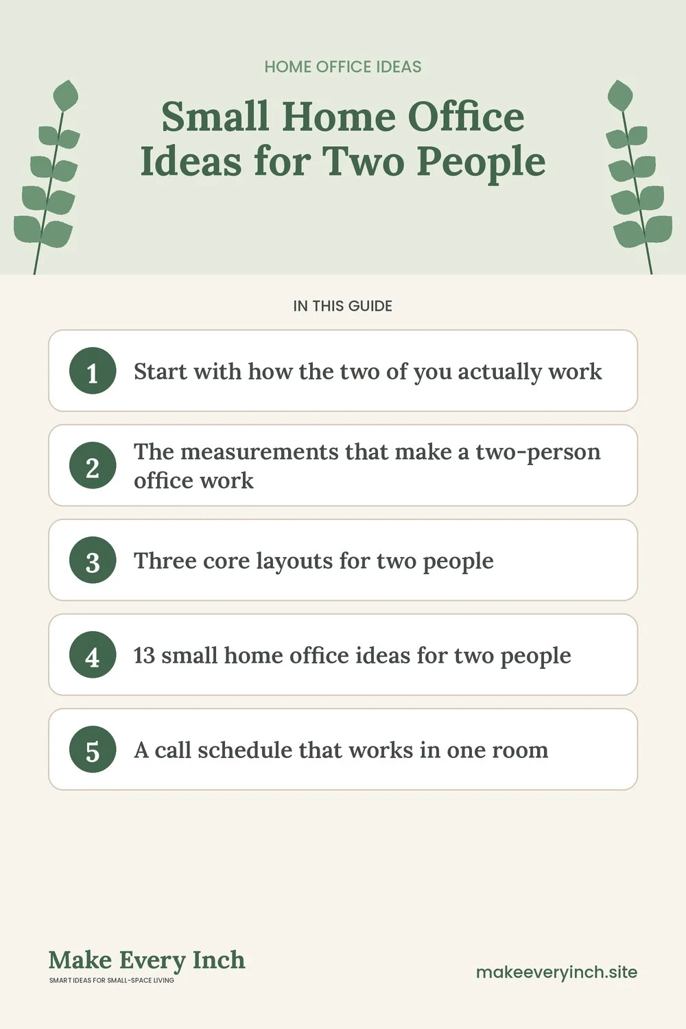 Pinterest pin listing the main topics in: Small Home Office Ideas for Two People