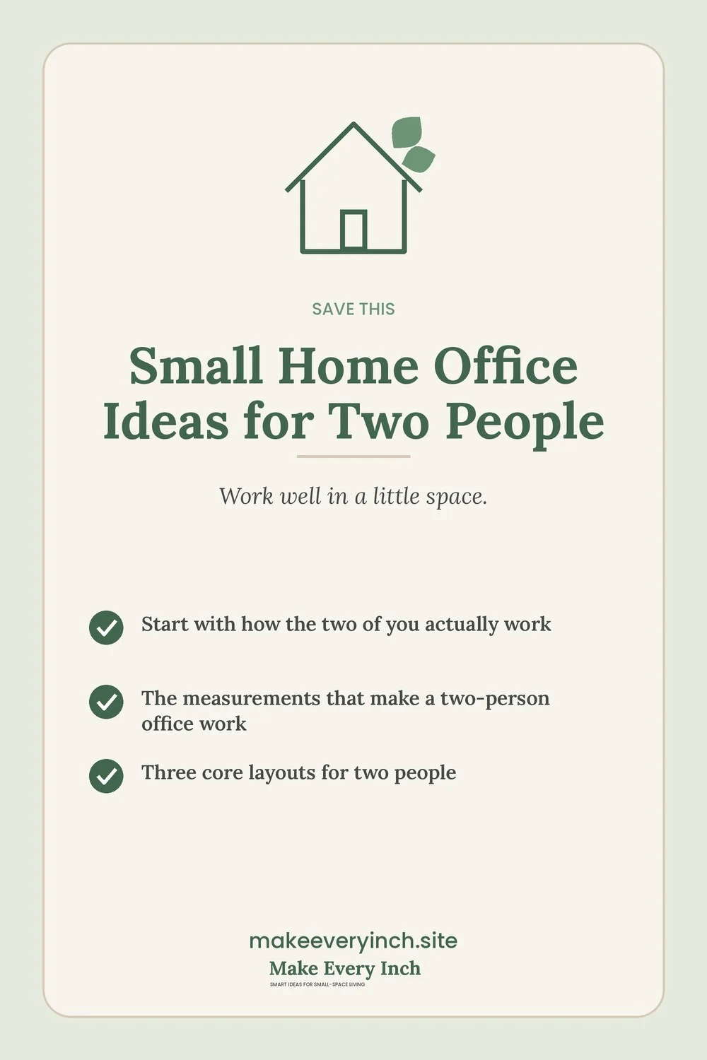 Save-this Pinterest pin with a short checklist for: Small Home Office Ideas for Two People