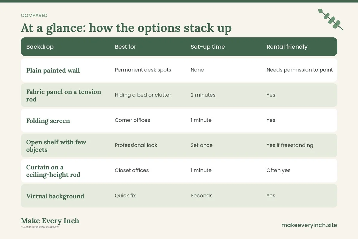 Comparison table of options for: Small Home Office Ideas for Video Calls (Backdrop, Best for, Set-up time, Rental friendly)