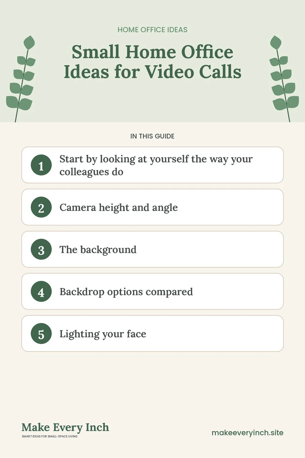 Pinterest pin listing the main topics in: Small Home Office Ideas for Video Calls
