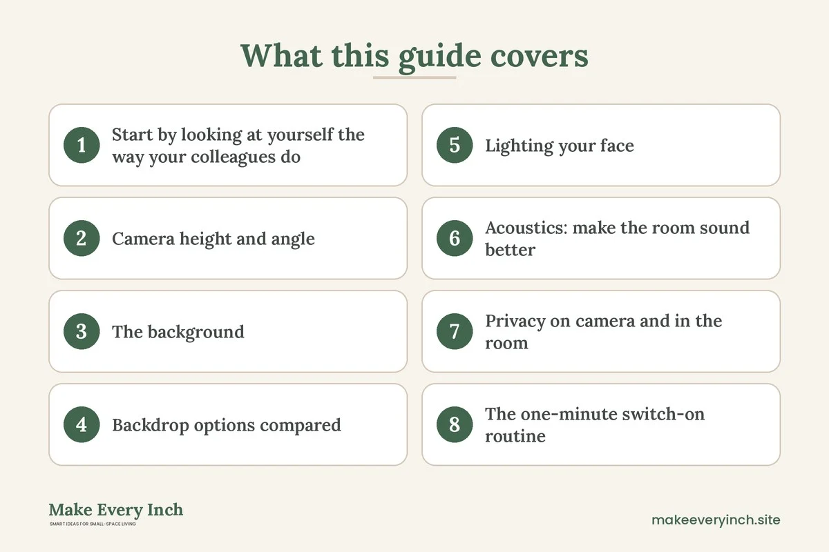 Graphic listing 8 topics covered in: Small Home Office Ideas for Video Calls