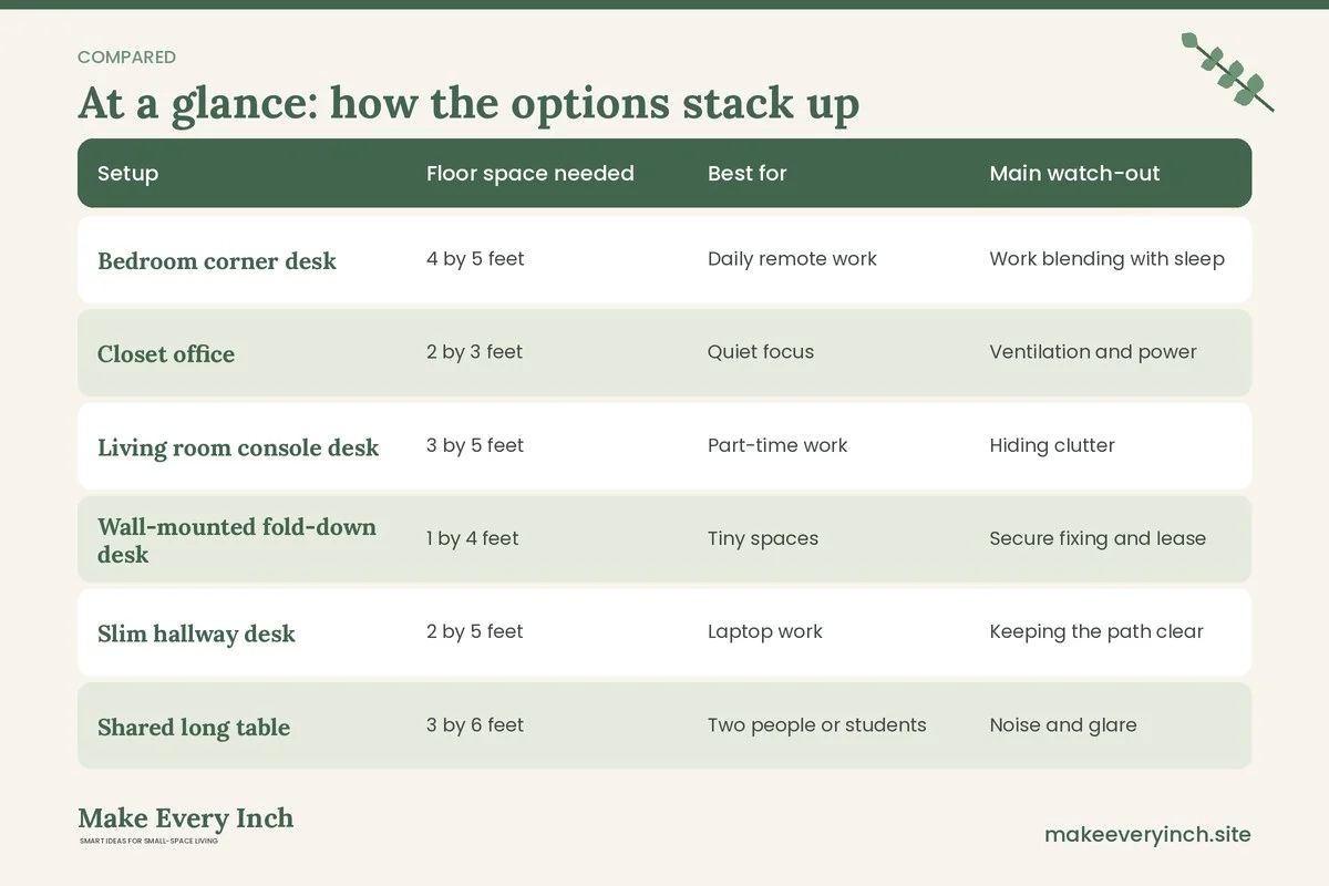 Comparison table of options for: Small Home Office Ideas (Setup, Floor space needed, Best for, Main watch-out)