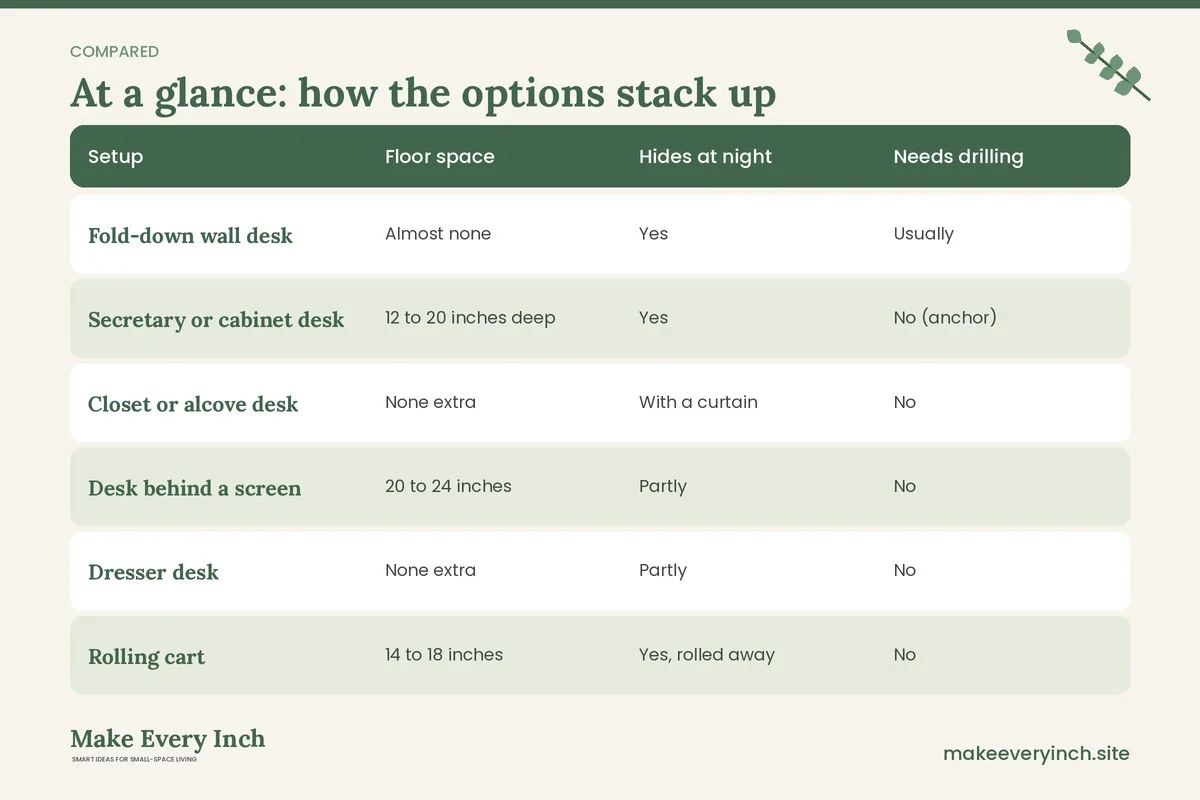 Comparison table of options for: Small Home Office Ideas in a Bedroom (Setup, Floor space, Hides at night, Needs drilling)