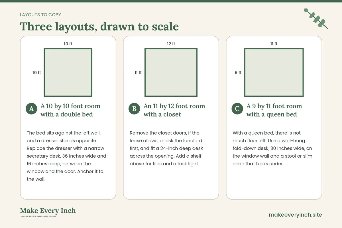 Three room layouts drawn to scale with dimensions and placement notes for: Small Home Office Ideas in a Bedroom