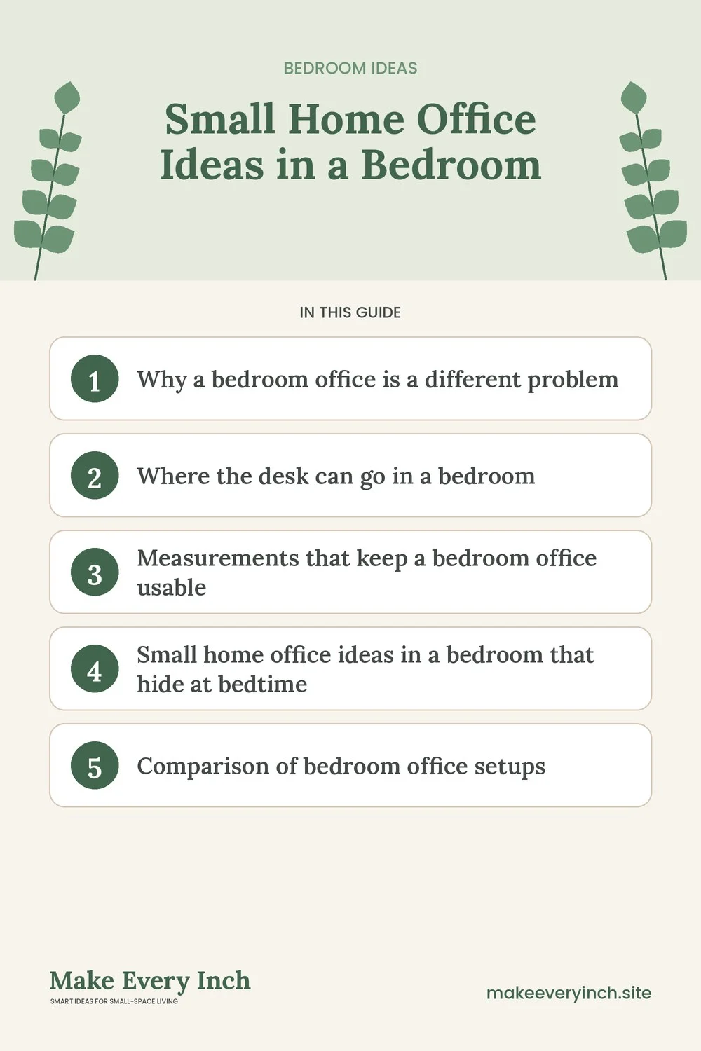 Pinterest pin listing the main topics in: Small Home Office Ideas in a Bedroom