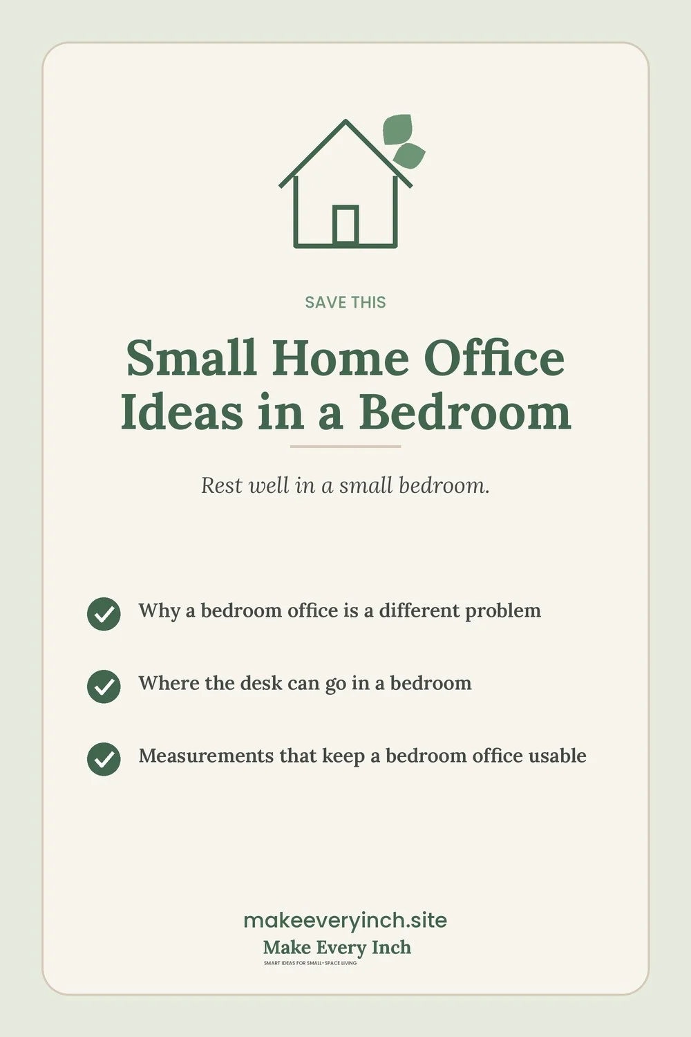 Save-this Pinterest pin with a short checklist for: Small Home Office Ideas in a Bedroom