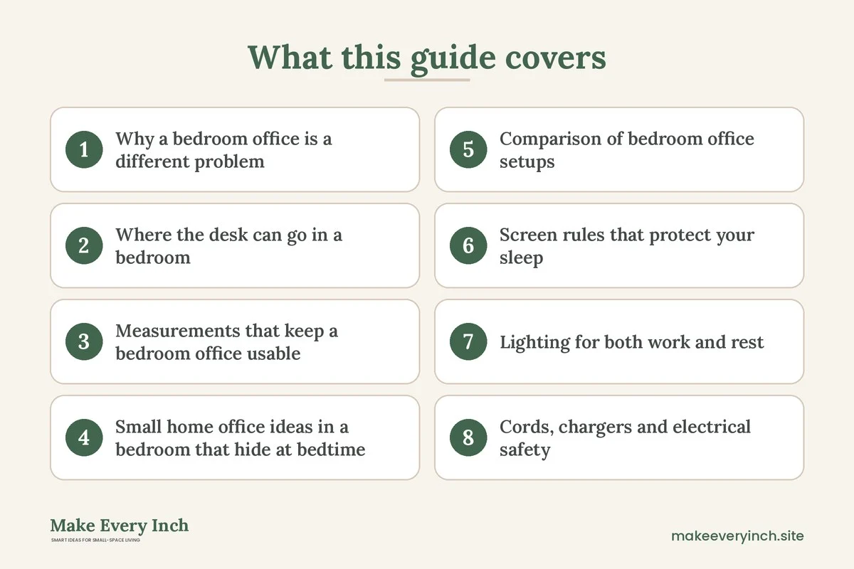 Graphic listing 8 topics covered in: Small Home Office Ideas in a Bedroom