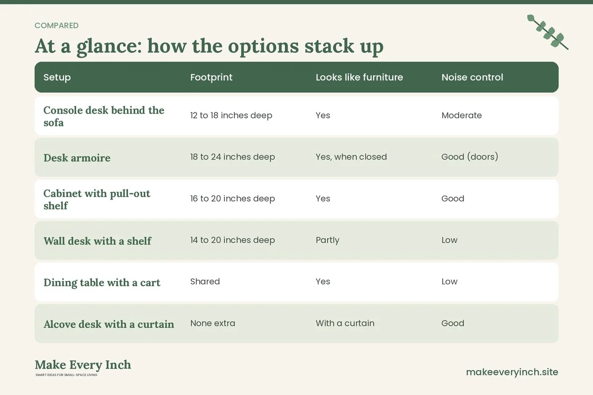 Comparison table of options for: Small Home Office Ideas in a Living Room (Setup, Footprint, Looks like furniture, Noise control)