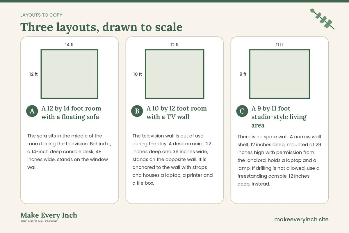 Three room layouts drawn to scale with dimensions and placement notes for: Small Home Office Ideas in a Living Room