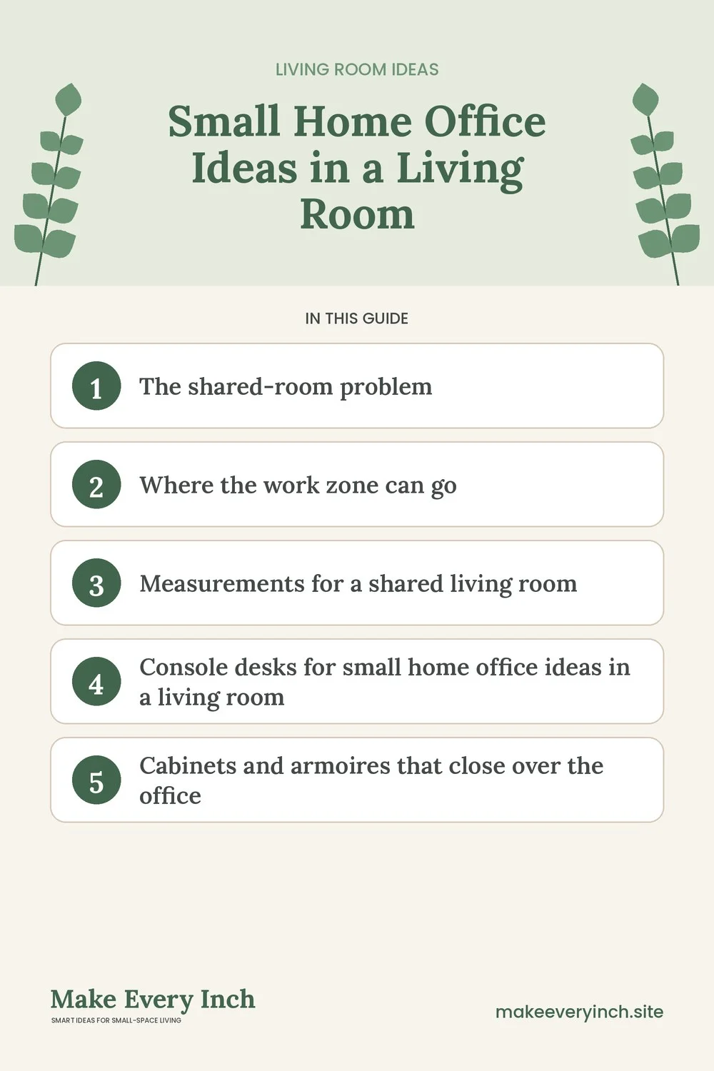 Pinterest pin listing the main topics in: Small Home Office Ideas in a Living Room