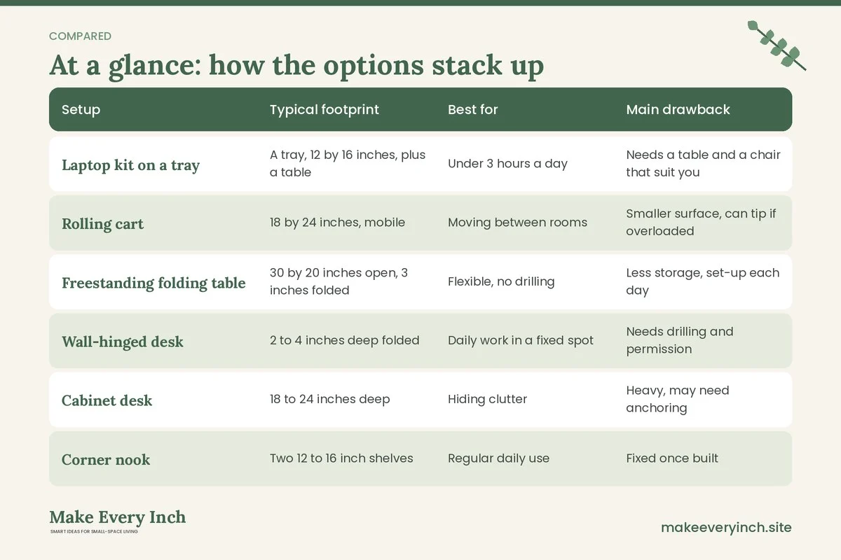 Comparison table of options for: Small Home Office Ideas That Fit Anywhere (Setup, Typical footprint, Best for, Main drawback)