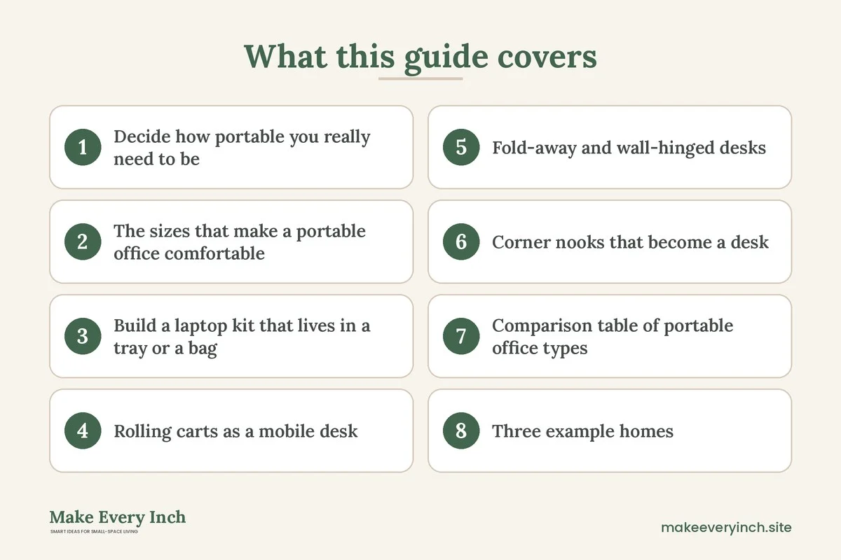Graphic listing 8 topics covered in: Small Home Office Ideas That Fit Anywhere