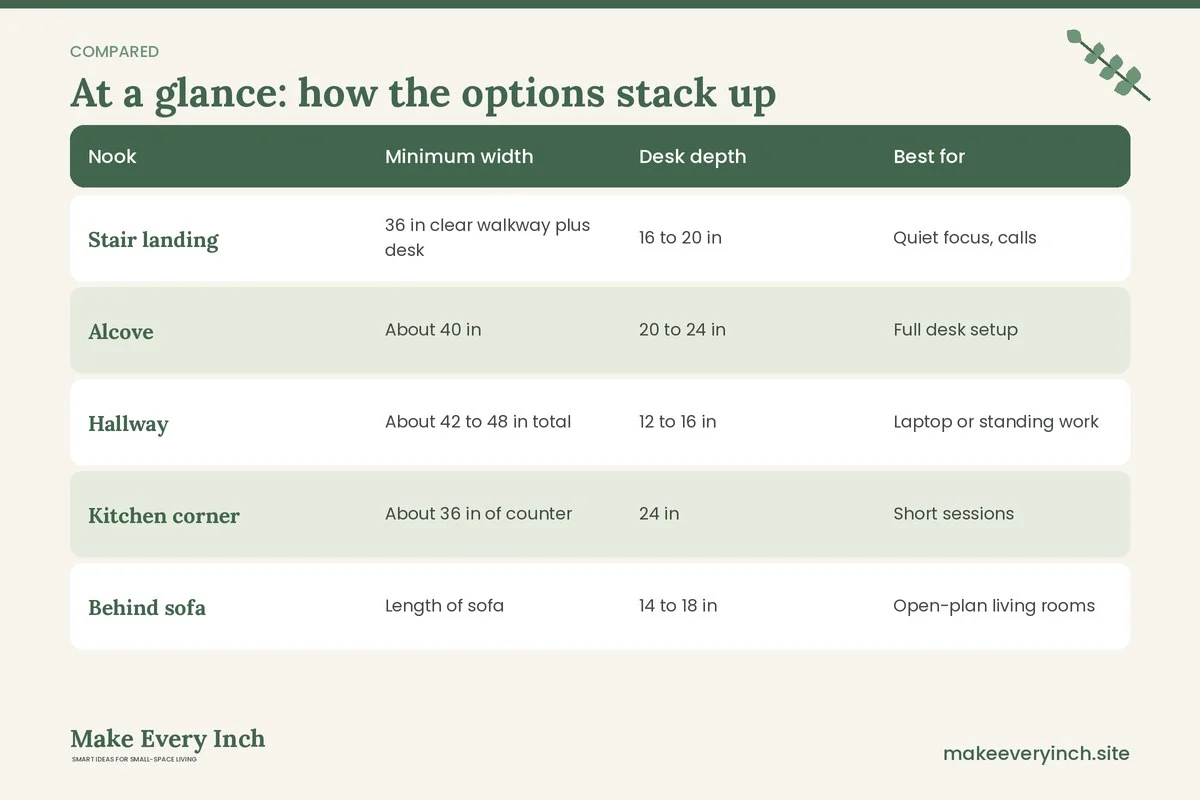 Comparison table of options for: Small Home Office Ideas with No Spare Room (Nook, Minimum width, Desk depth, Best for)