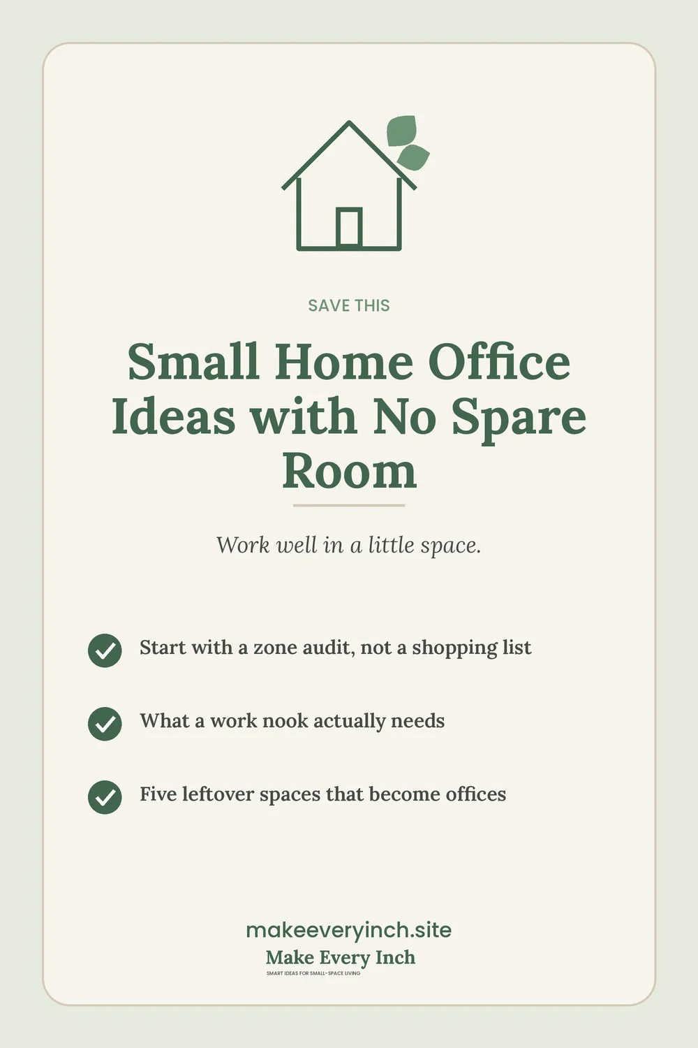 Save-this Pinterest pin with a short checklist for: Small Home Office Ideas with No Spare Room