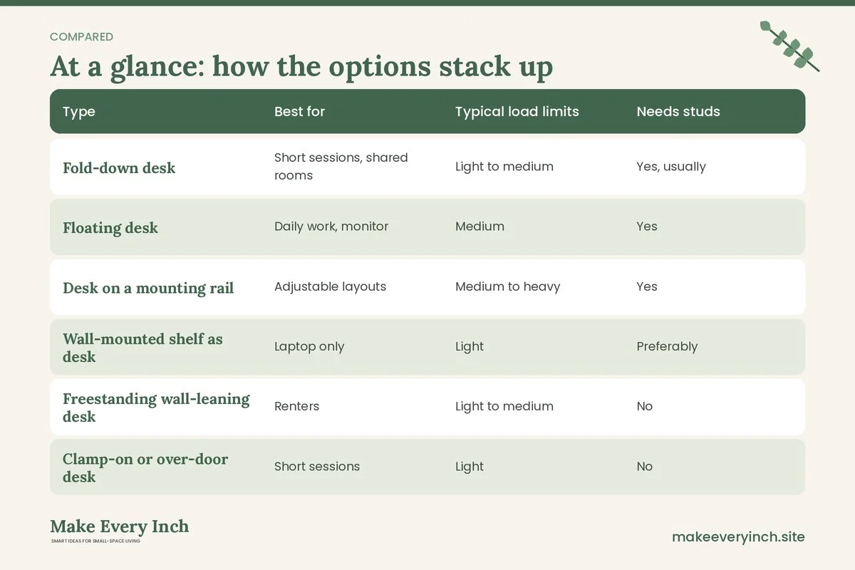 Comparison table of options for: Small Home Office Ideas with Wall-Mounted Desks (Type, Best for, Typical load limits, Needs studs)