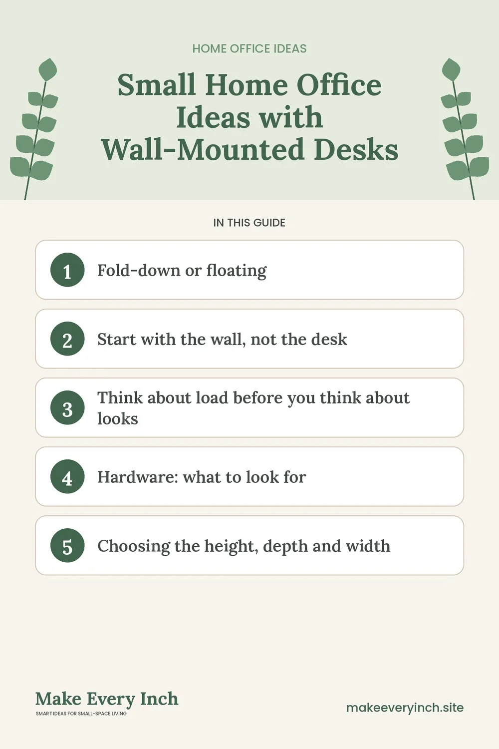 Pinterest pin listing the main topics in: Small Home Office Ideas with Wall-Mounted Desks