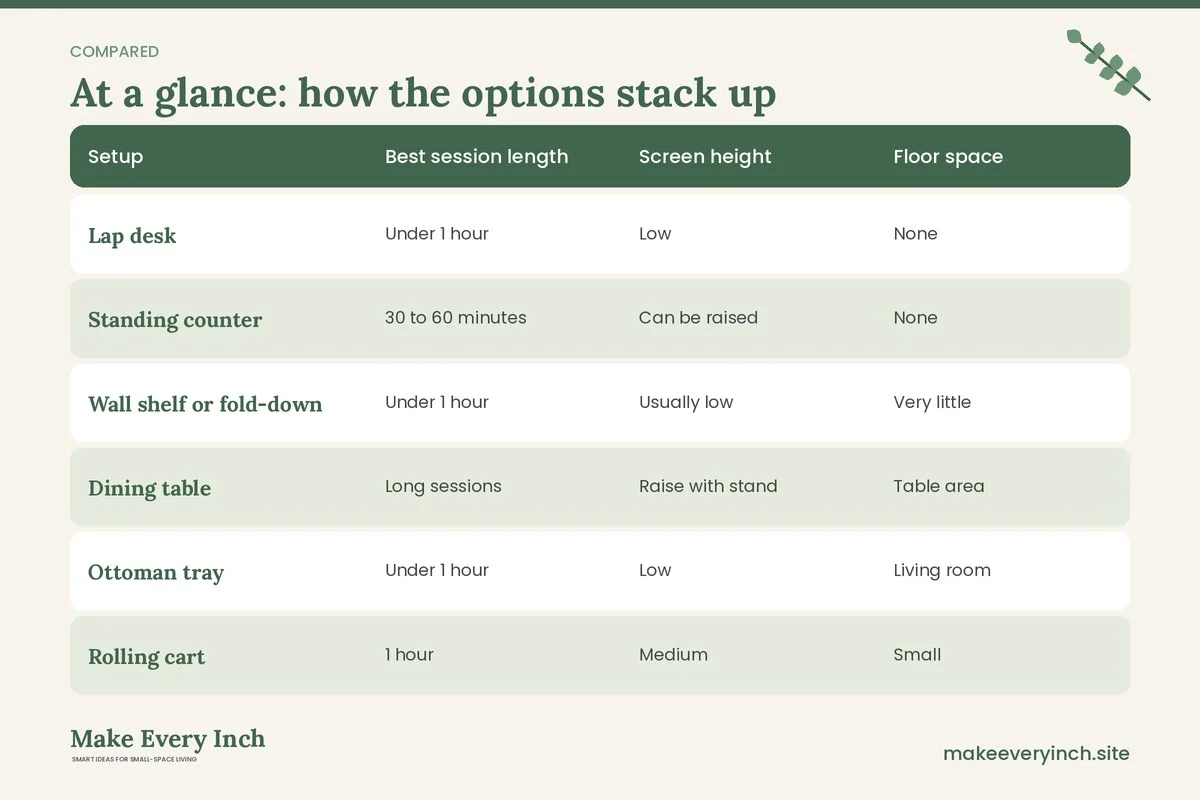 Comparison table of options for: Small Home Office Ideas Without a Desk (Setup, Best session length, Screen height, Floor space)