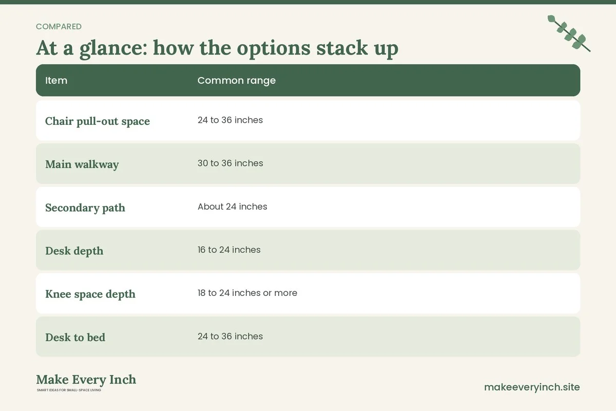 Comparison table of options for: Small Home Office Layout Ideas (Item, Common range, )