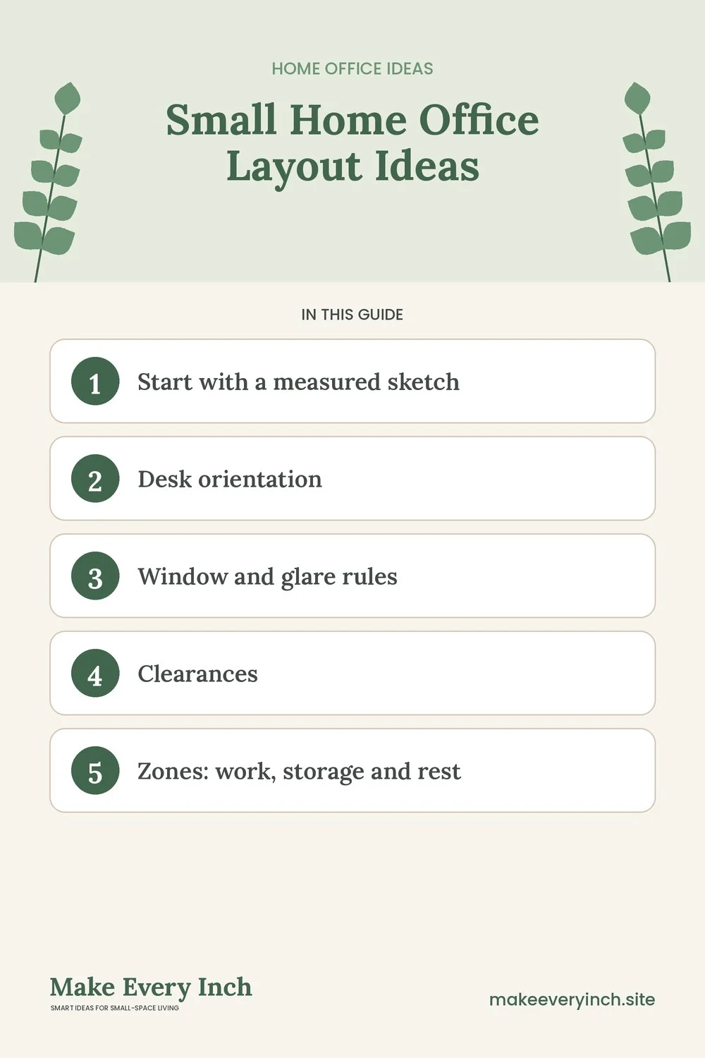 Pinterest pin listing the main topics in: Small Home Office Layout Ideas