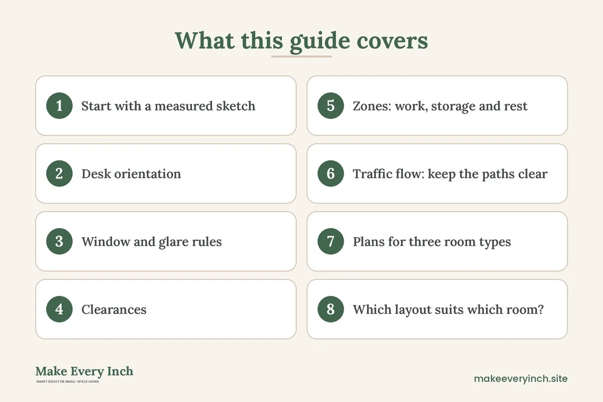 Graphic listing 8 topics covered in: Small Home Office Layout Ideas
