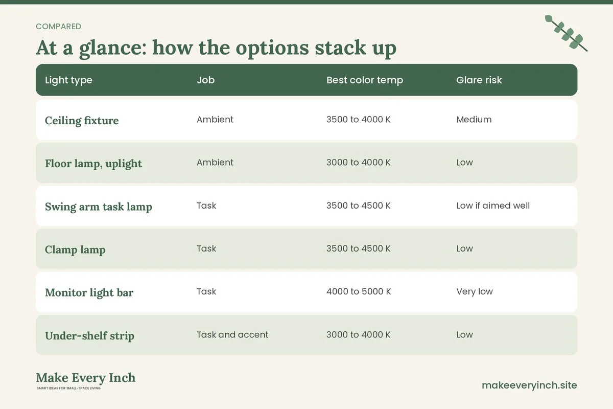 Comparison table of options for: Small Home Office Lighting Ideas (Light type, Job, Best color temp, Glare risk)