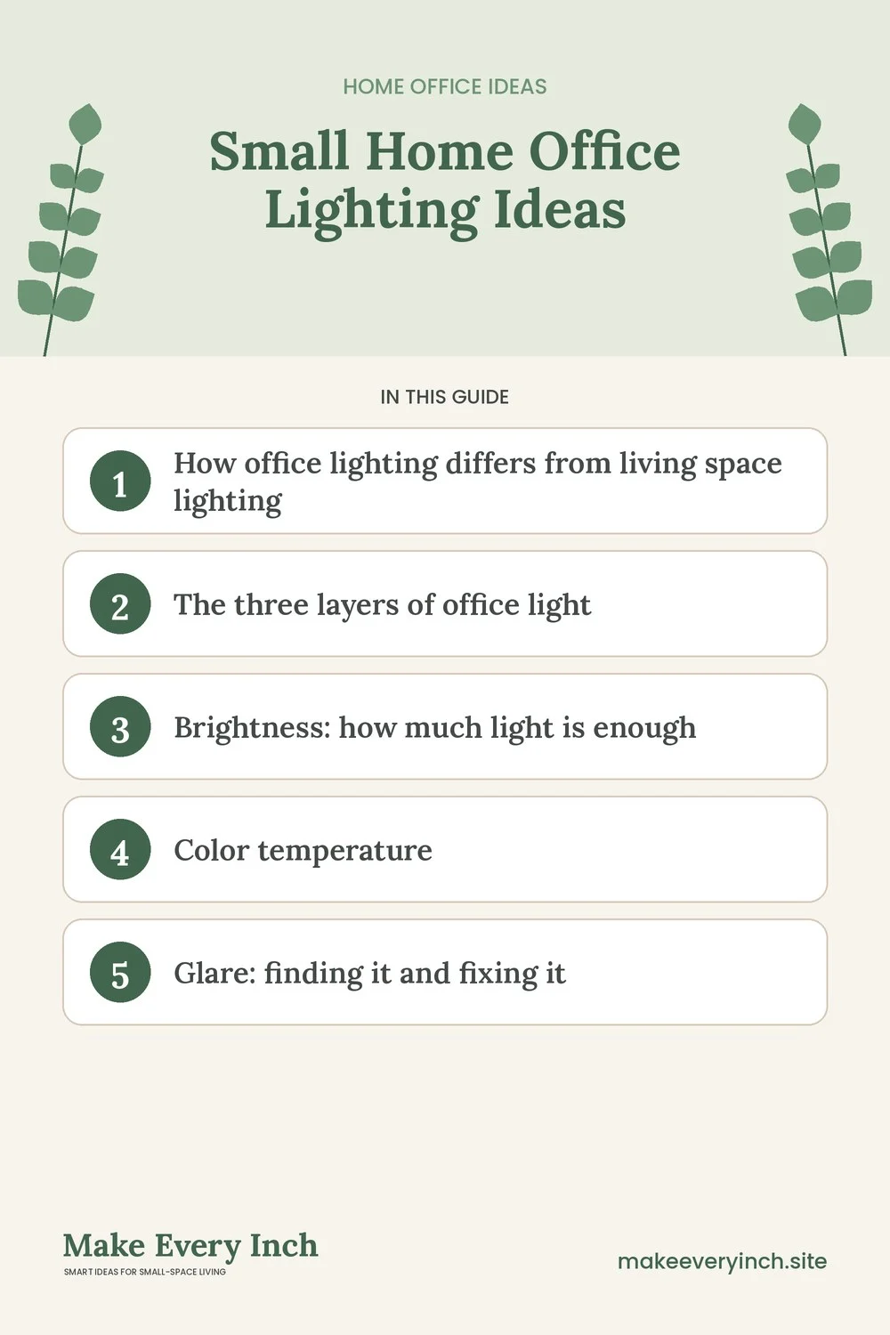 Pinterest pin listing the main topics in: Small Home Office Lighting Ideas
