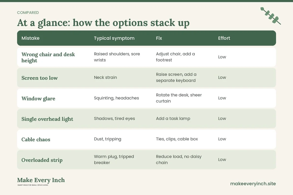 Comparison table of options for: Small Home Office Mistakes to Avoid (Mistake, Typical symptom, Fix, Effort)