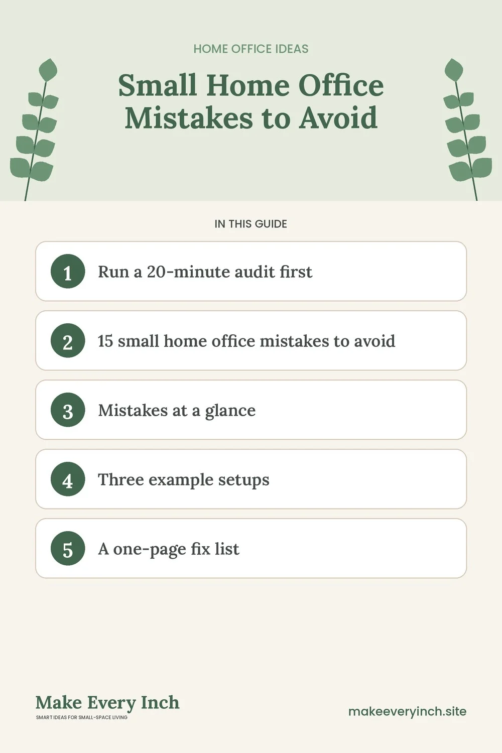 Pinterest pin listing the main topics in: Small Home Office Mistakes to Avoid