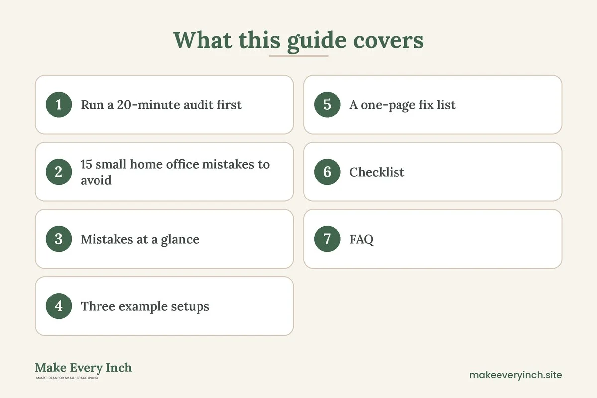 Graphic listing 7 topics covered in: Small Home Office Mistakes to Avoid