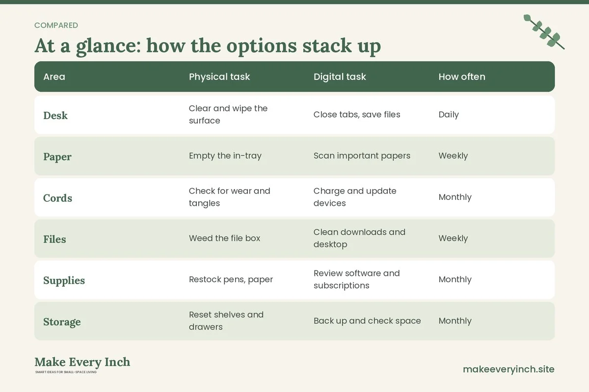 Comparison table of options for: Small Home Office Organization Checklist (Area, Physical task, Digital task, How often)