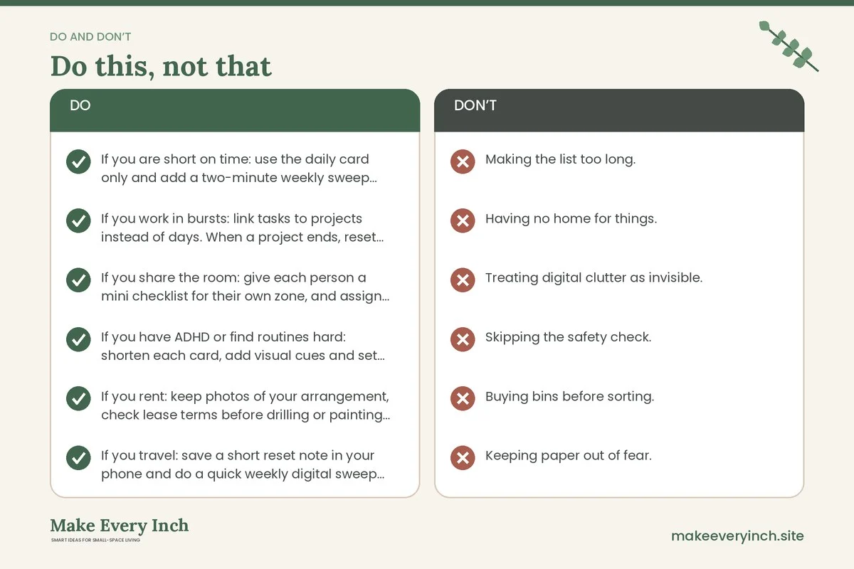 Do and don't checklist for: Small Home Office Organization Checklist