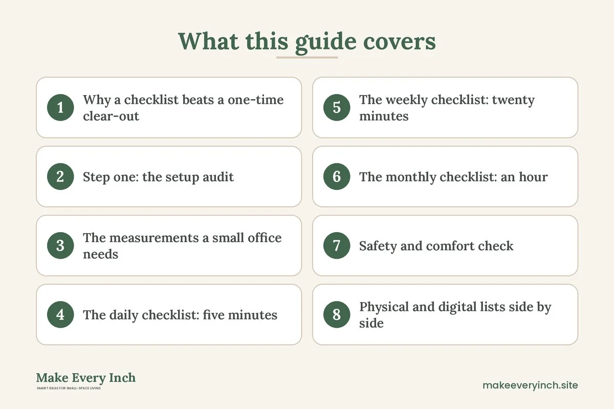 Graphic listing 8 topics covered in: Small Home Office Organization Checklist