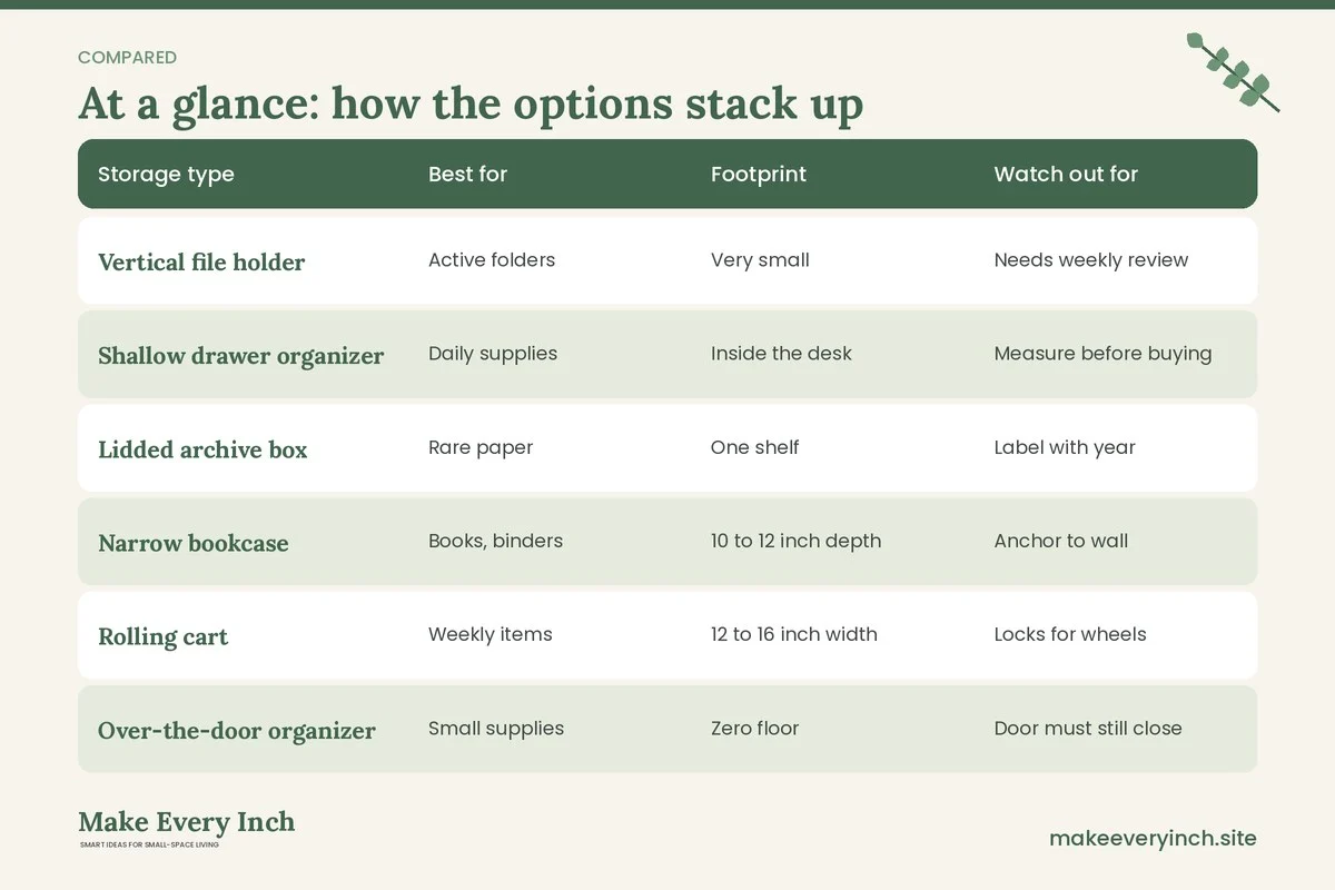 Comparison table of options for: Small Home Office Storage Ideas (Storage type, Best for, Footprint, Watch out for)