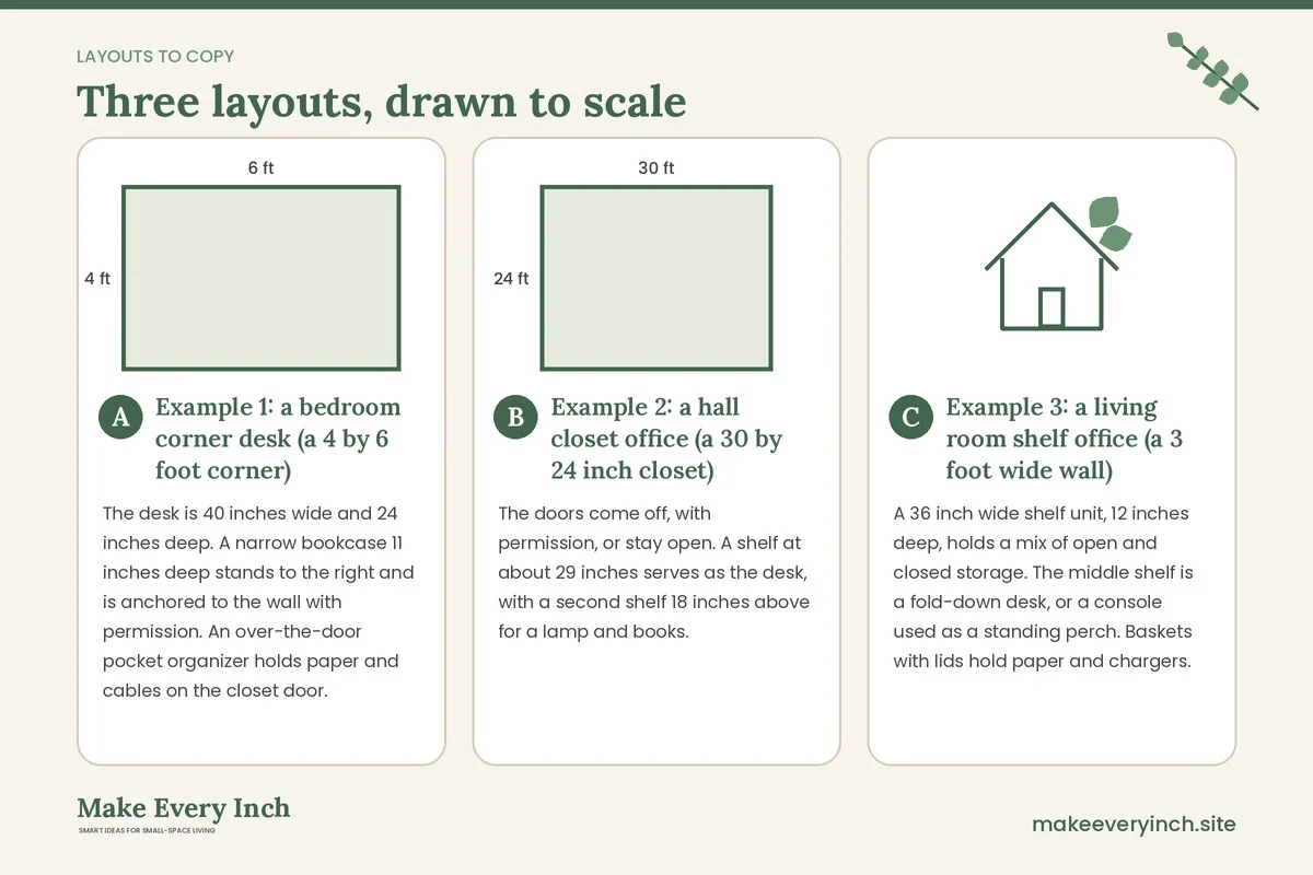 Three room layouts drawn to scale with dimensions and placement notes for: Small Home Office Storage Ideas
