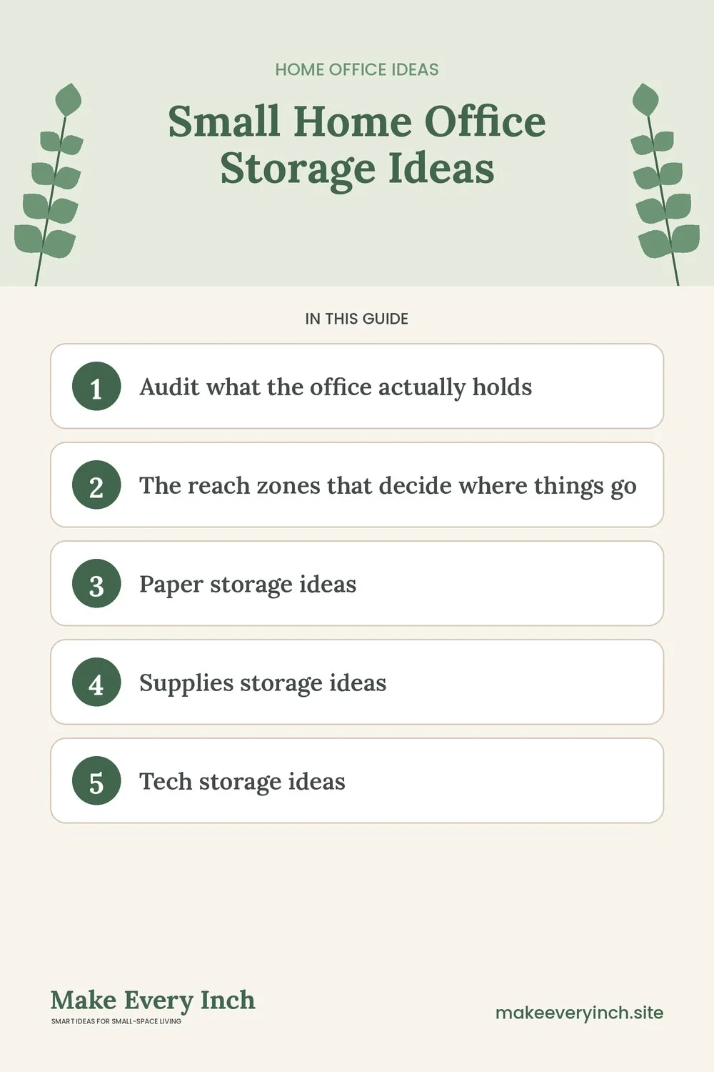Pinterest pin listing the main topics in: Small Home Office Storage Ideas