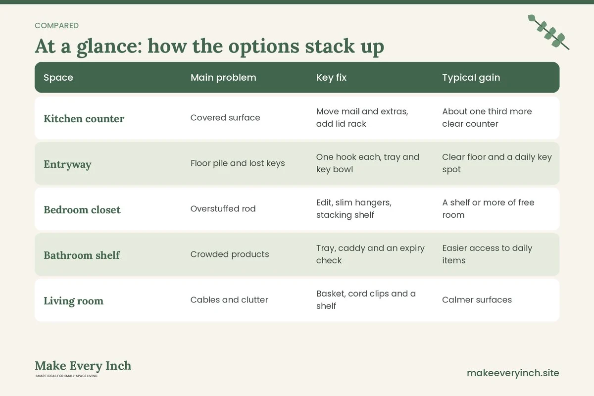 Comparison table of options for: Small Home Organization Before and After (Space, Main problem, Key fix, Typical gain)