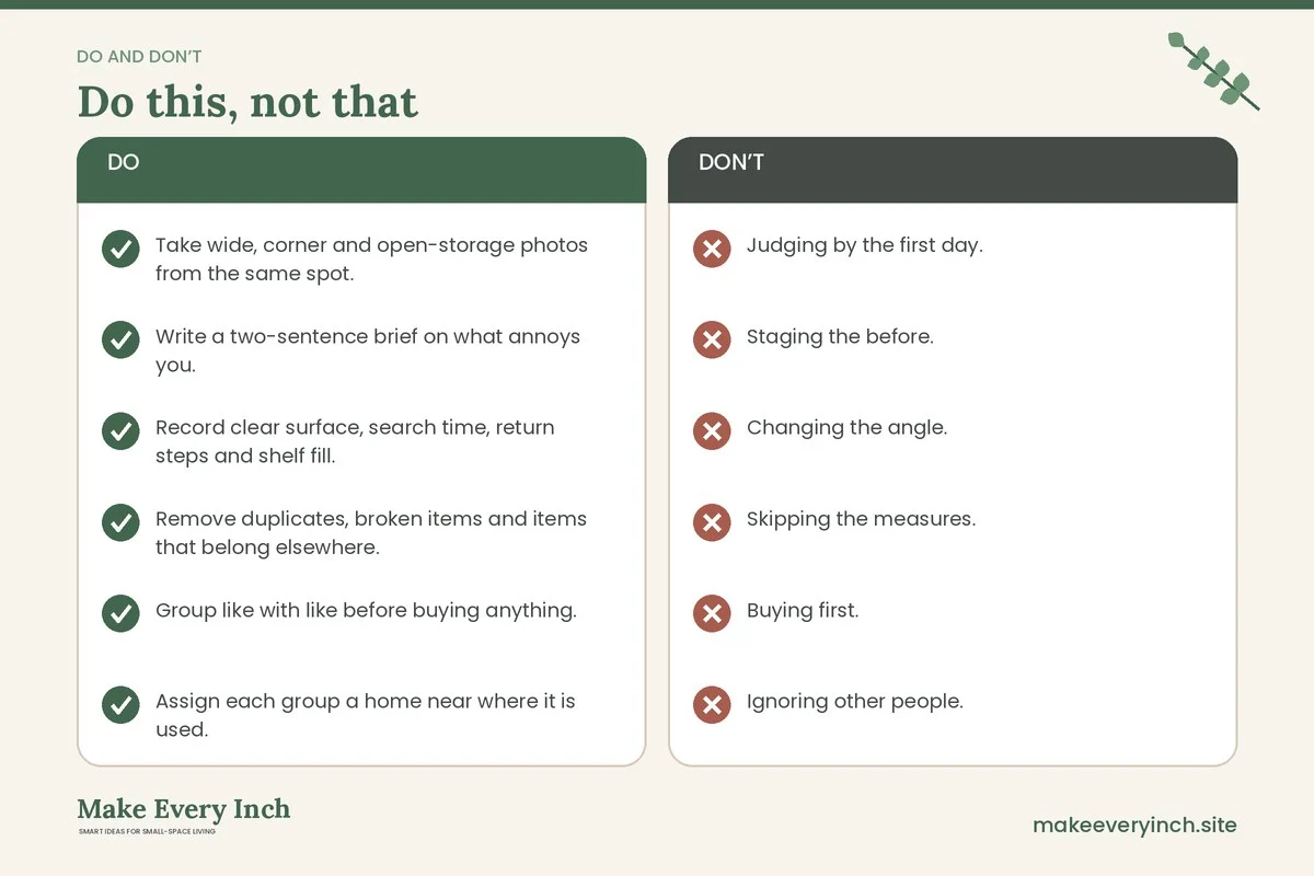 Do and don't checklist for: Small Home Organization Before and After