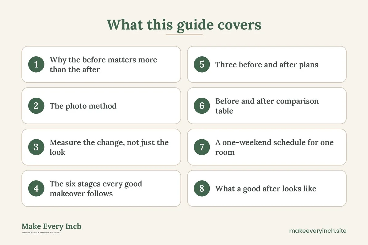 Graphic listing 8 topics covered in: Small Home Organization Before and After