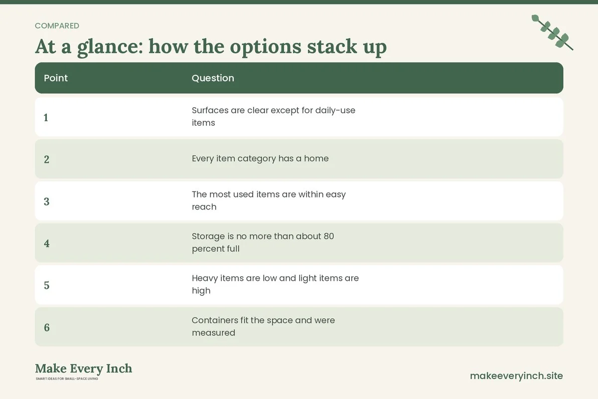 Comparison table of options for: Small Home Organization Checklist (Point, Question, )