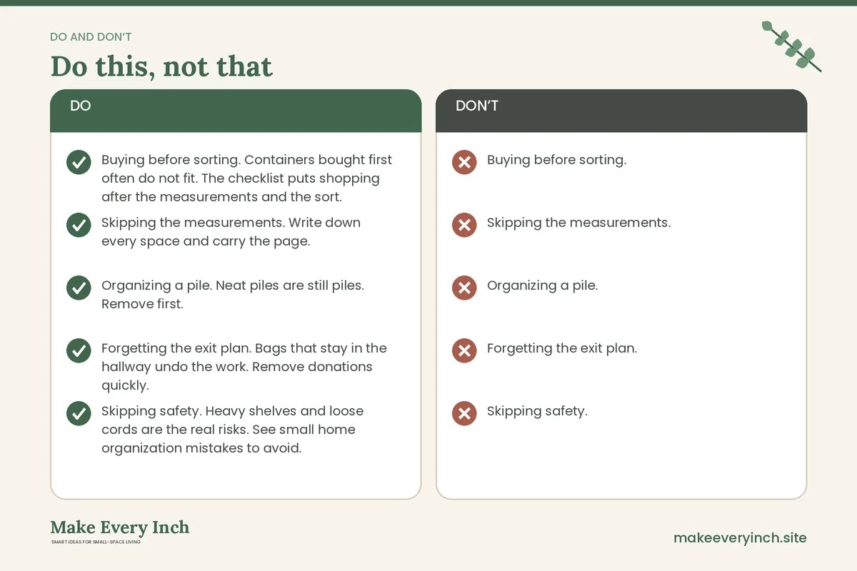 Do and don't checklist for: Small Home Organization Checklist