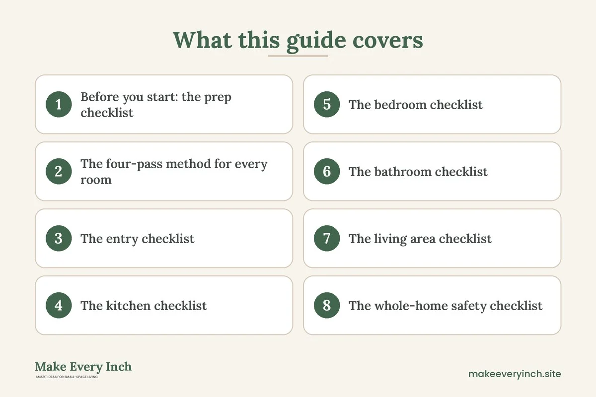 Graphic listing 8 topics covered in: Small Home Organization Checklist