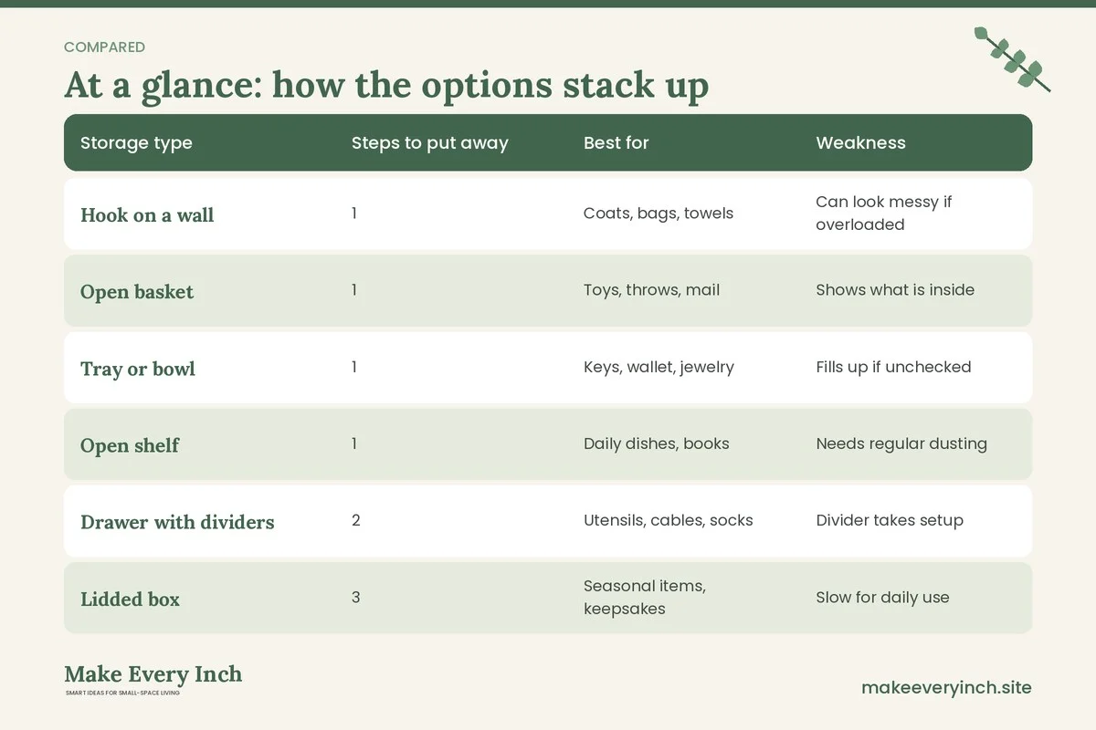 Comparison table of options for: Small Home Organization for Busy People (Storage type, Steps to put away, Best for, Weakness)