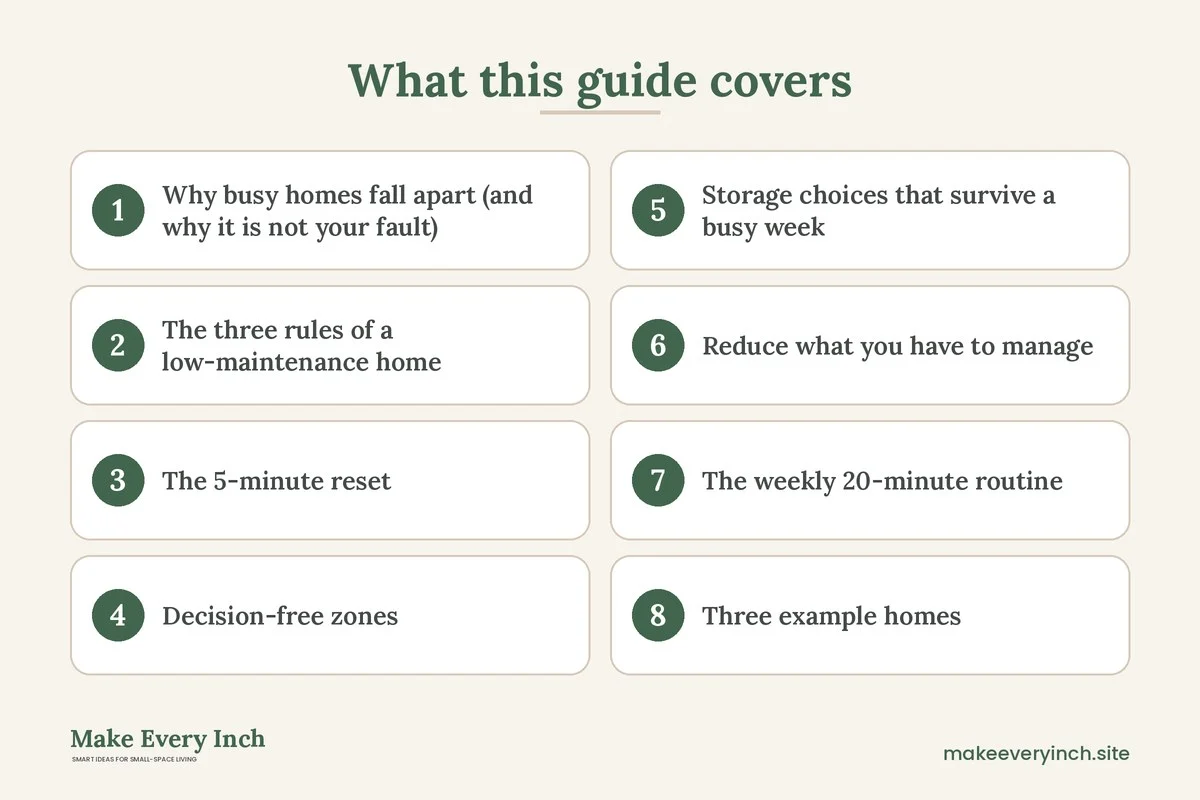 Graphic listing 8 topics covered in: Small Home Organization for Busy People