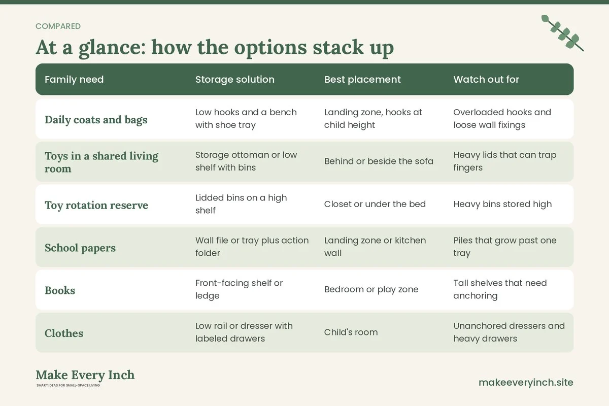 Comparison table of options for: Small Home Organization for Families (Family need, Storage solution, Best placement, Watch out for)