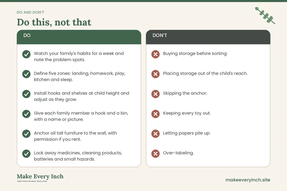 Do and don't checklist for: Small Home Organization for Families